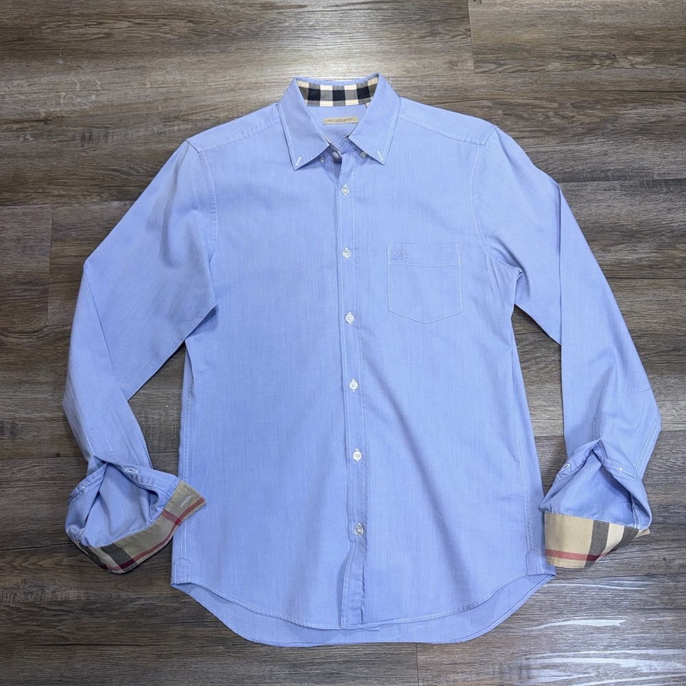Burberry Brit Sky-Blue Button-Down Logo Collared Shirt Mens Small Check Pattern